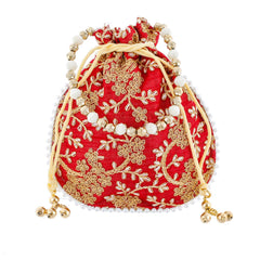 Kuber Industries Ethnic Clutch Silk 2 Pieces Potli Batwa Pouch Bag with Beadwork Gift for Women (Maroon & Grey) - CTKTC42152