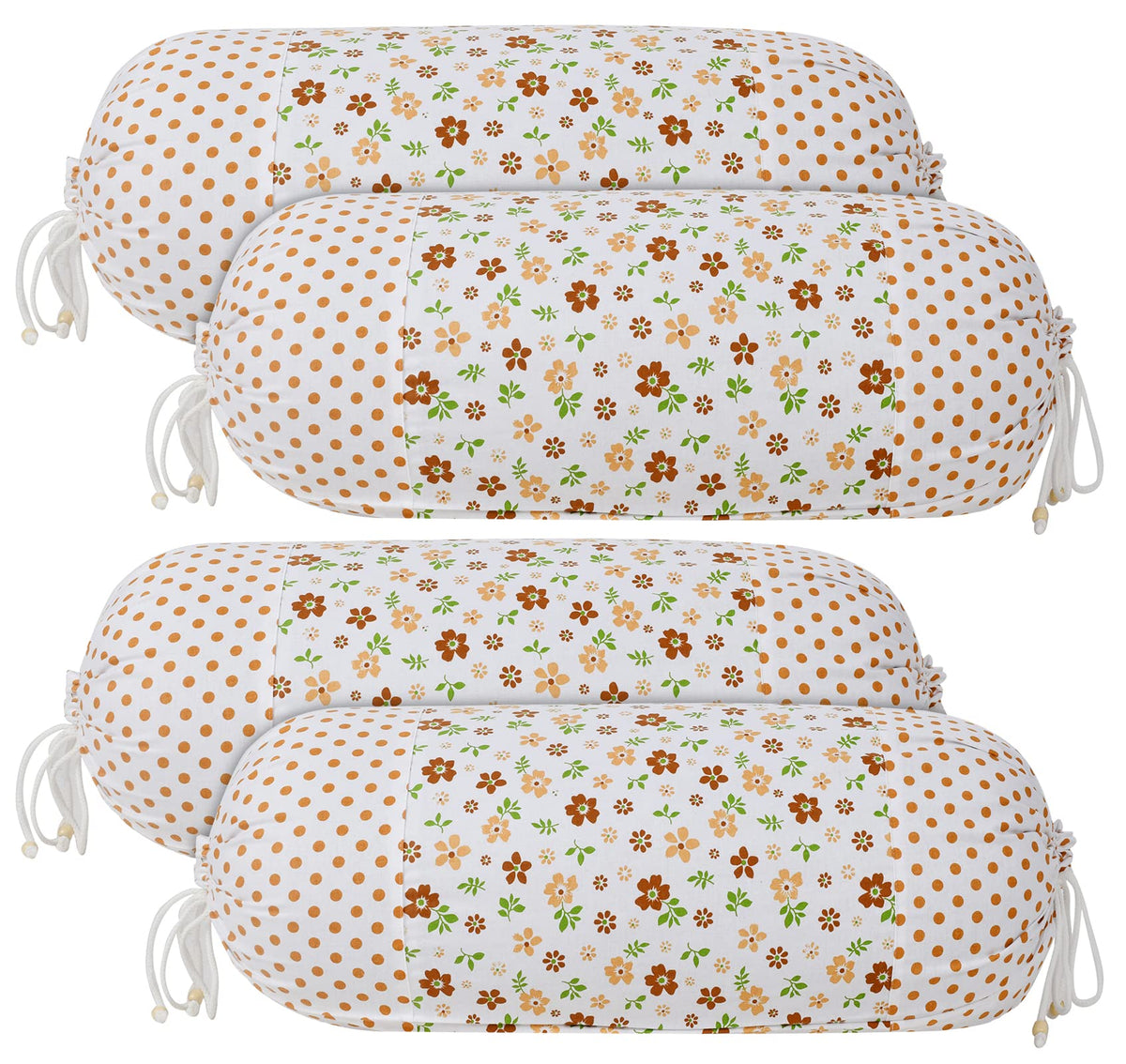 Heart Home Flower Printed Cotton Bolster Cover- Set of 4, 16"x32" (Brown & White)-44HH0143