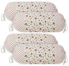 Heart Home Flower Printed Cotton Bolster Cover- Set of 4, 16"x32" (Brown & White)-44HH0143