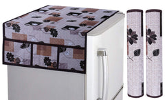 Kuber Industries Flower Design PVC 1 Piece Fridge Top Cover and 2 Piece Handle Cover (Brown) - CTKTC39715