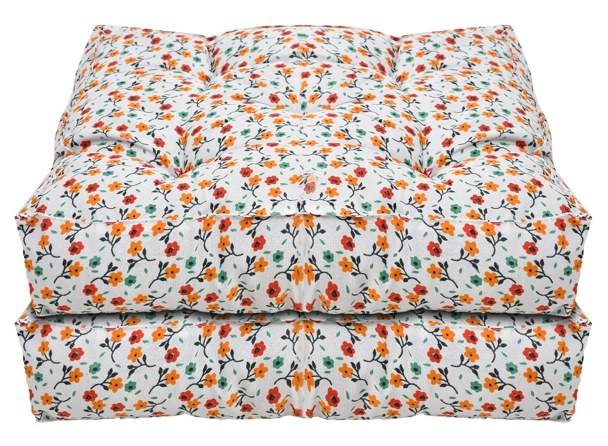 Kuber Industries Flower Printed Microfiber Square Chair Pad Seat Cushion for Rocking Chair, Office Chair, Dinning Chair, Indoor/Outdoor, 18 * 18 Inch- Pack of 2 (White)