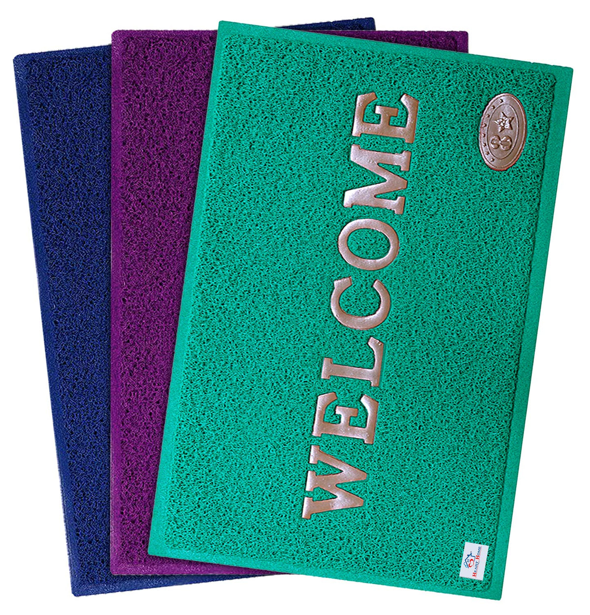Heart Home Rubber Anti Slip Welcome Door Mat for Home Entrance, Office, Shop (Blue & Purple & Green)-Pack of 3-HHEART15406