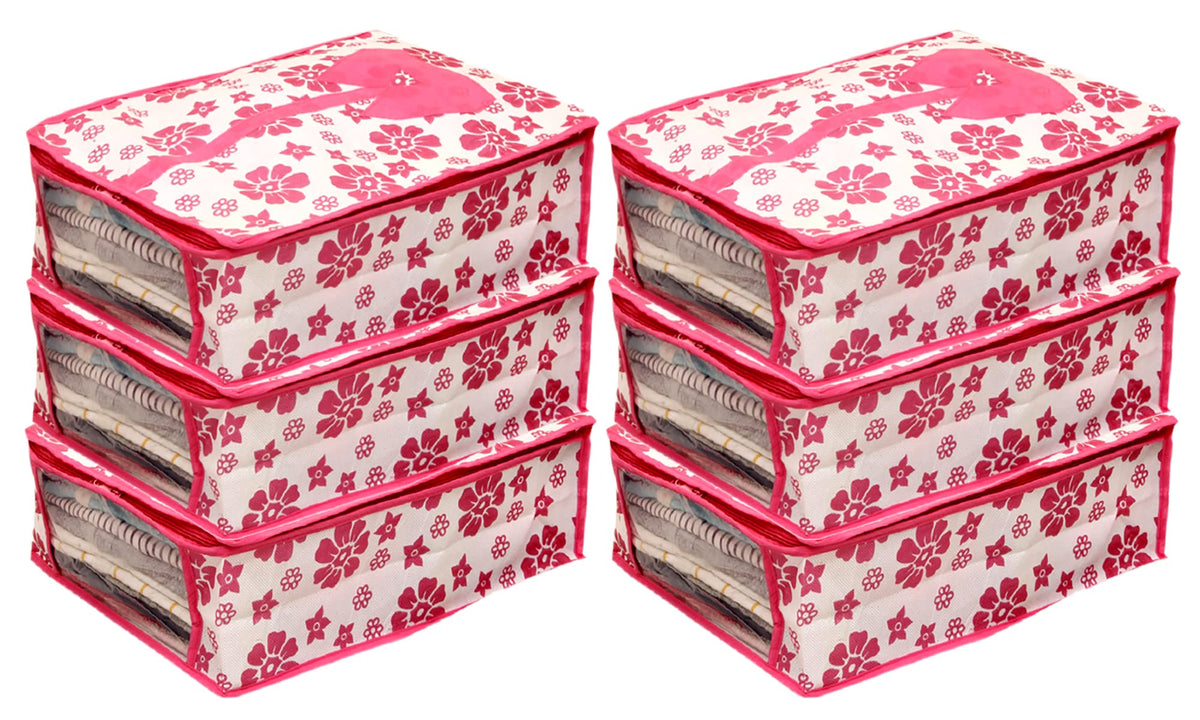 Kuber Industries Flower Printed Shirts & Clothing Organizer With Clear Window- Pack of 6 (Pink) (HS43KUBMART026193)