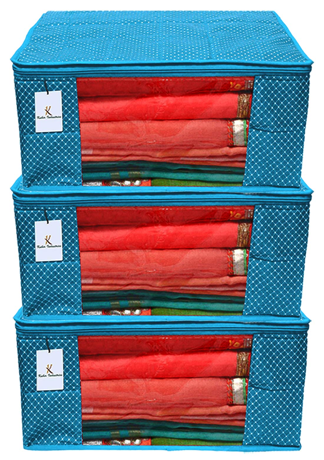 Kuber Industries Hathkadi 3 Piece Cotton Saree Cover, Blue