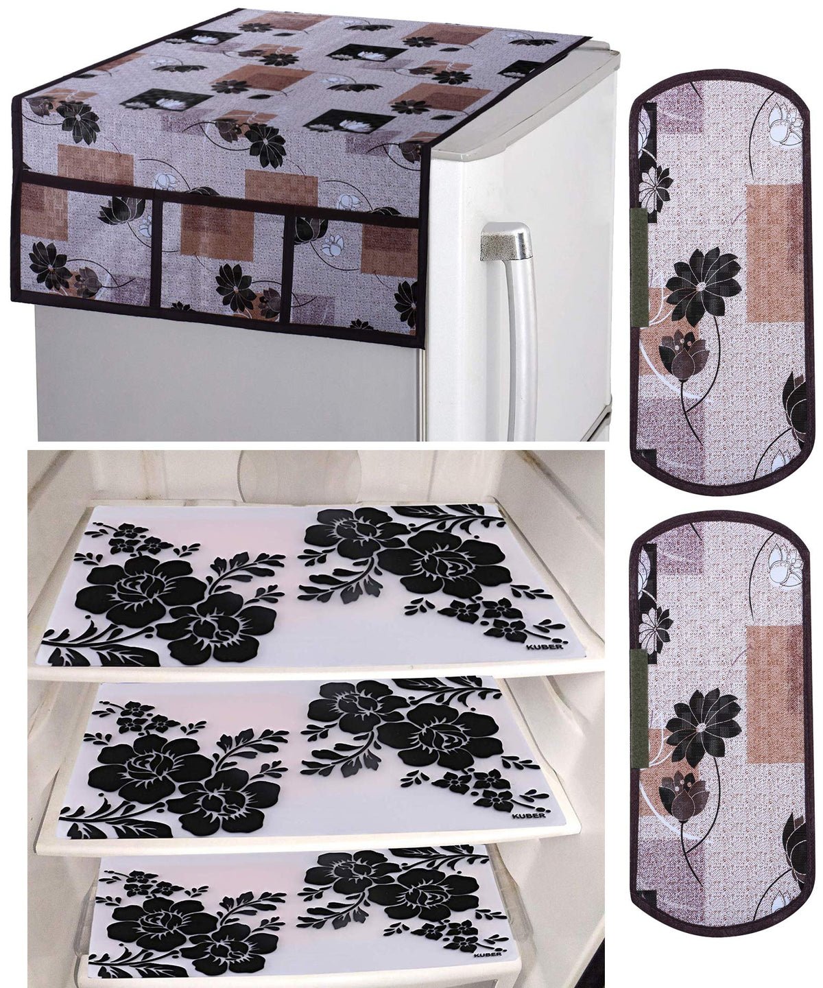 Kuber Industries Flower Design 3 Pieces PVC Fridge Mats,Flower Design 2 Piece Handle Cover and 1 Piece Fridge Top Cover (Brown) - CTKTC039857