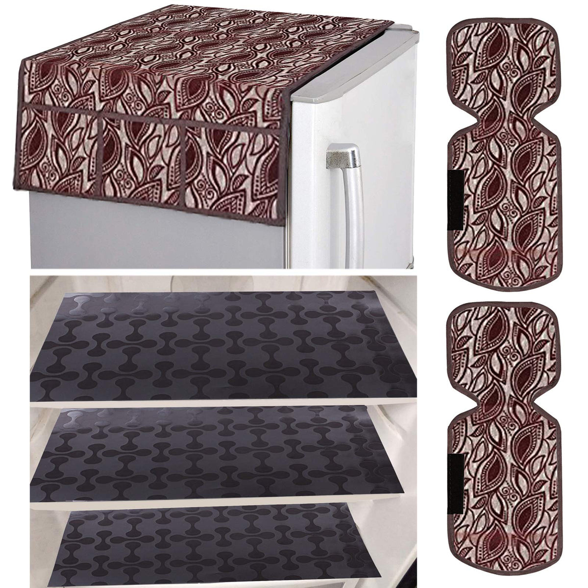 Kuber Industries Leaf Design Combo PVC 3 Pieces Fridge Mats, 2 Piece Handle Cover and 1 Piece Fridge Top Cover(Maroon)