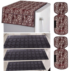 Kuber Industries Leaf Design Combo PVC 3 Pieces Fridge Mats, 2 Piece Handle Cover and 1 Piece Fridge Top Cover(Maroon)