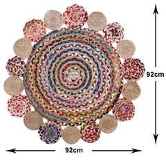 Kuber Industries Handmade Braided Area Rug|Organic Natural Jute Multi Circle Border Door Mat|Carpet for Bedroom,Living Room,Dining Room,92x92 cm,(Multicolor)