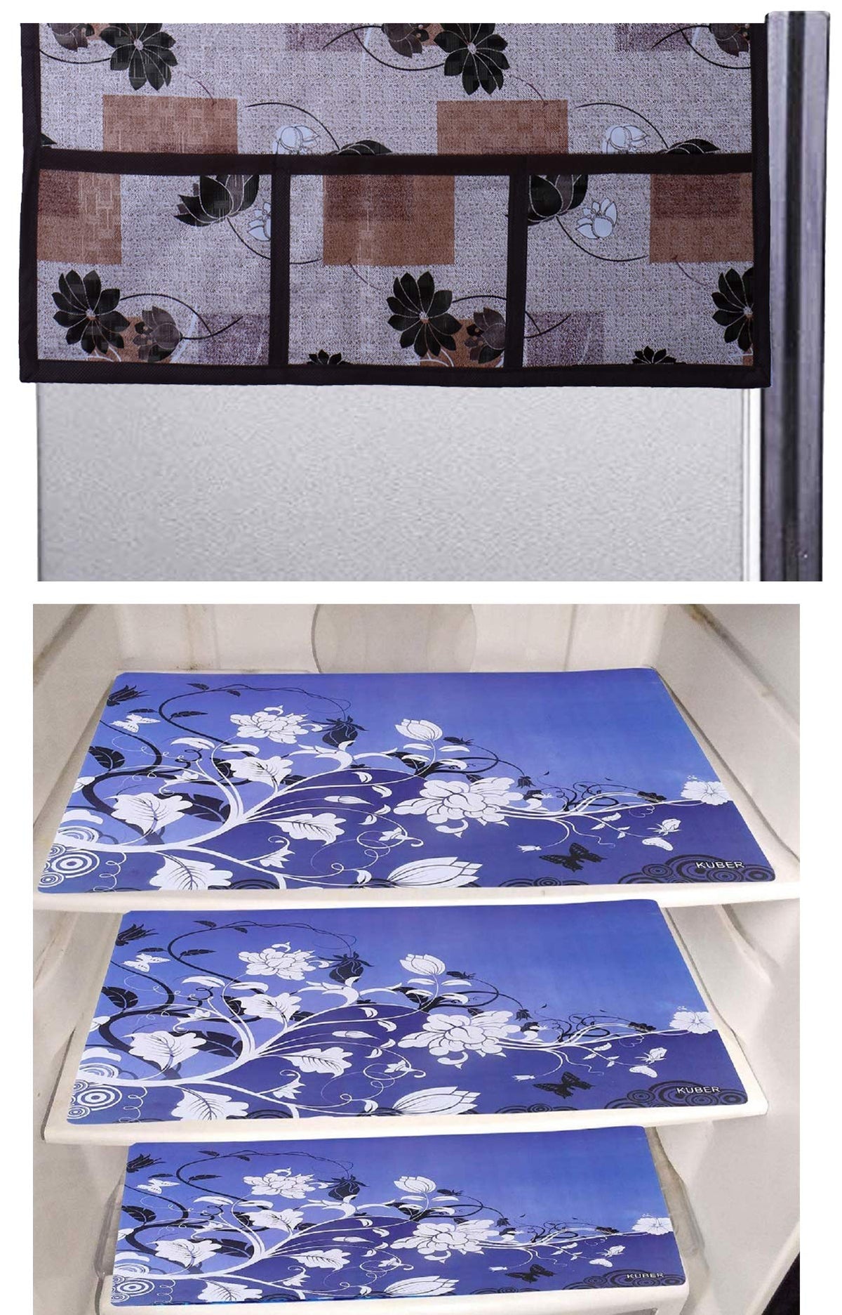 Kuber Industries Flower Design 3 Pieces PVC Fridge Mats and Flower Design 1 Piece Fridge Top Cover (Brown) - CTKTC39772