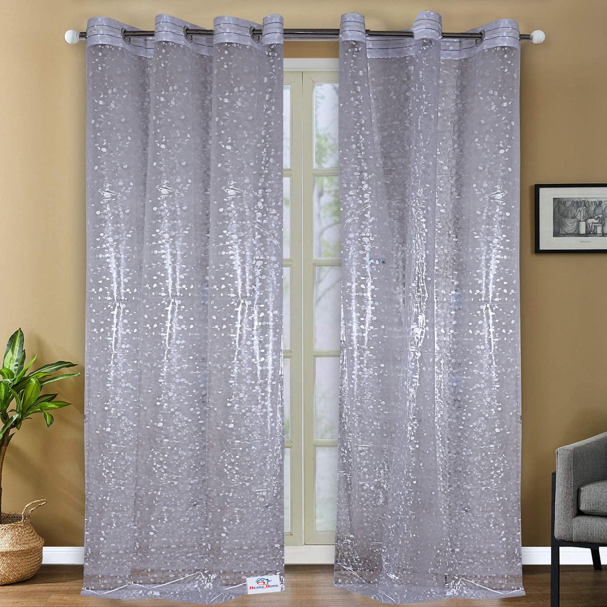 Heart Home Stone Print Stain-Resistant & Waterproof PVC AC Curtain for Home, Office, Restaurant 9 Feet with 6 Grommets Pack of 2 (Transparent)