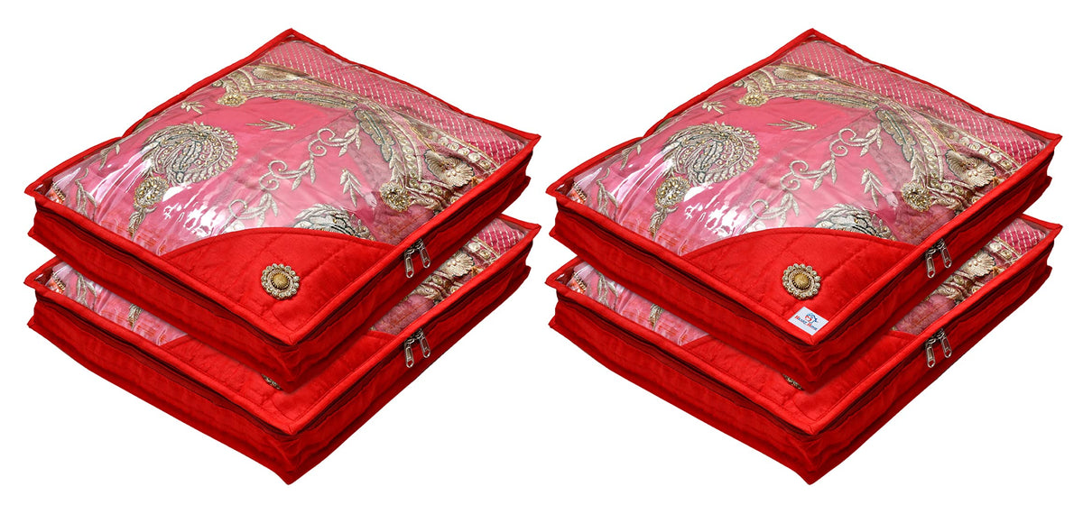 Heart Home Non Woven 3" inch Foldable, Lightweigth Saree Cover/Clothes Organiser For Wardrobe With Transparent Top- Pack of 4 (Red)-HS_38_HEARTH21627