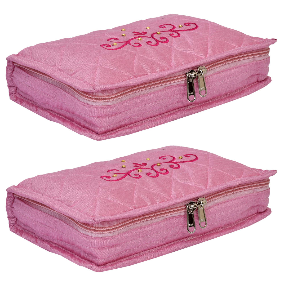 Kuber Industries Embroidery Design 2 Pieces Satin Jewellery Pouch Cum Makeup Kit (Pink)-KUBMART02523