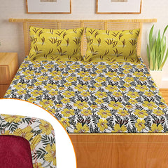 Kuber Industries Fitted Double Bedsheet|Elastic 130 GSM Polycotton King Printed Double Bedsheet with 2 Pillow Covers, 90x37 Inch (Yellow)