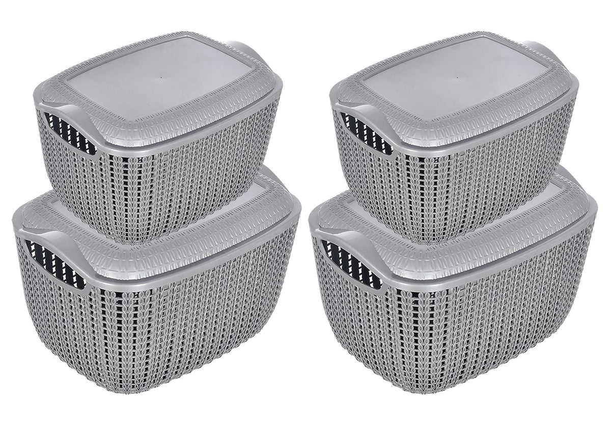 Heart Home Multipurposes Large & Small M 30-25 Plastic Basket, Organizer For Kitchen, Countertops, Cabinets, Bathroom With Lids- Pack of 4 (Grey) -46HH060