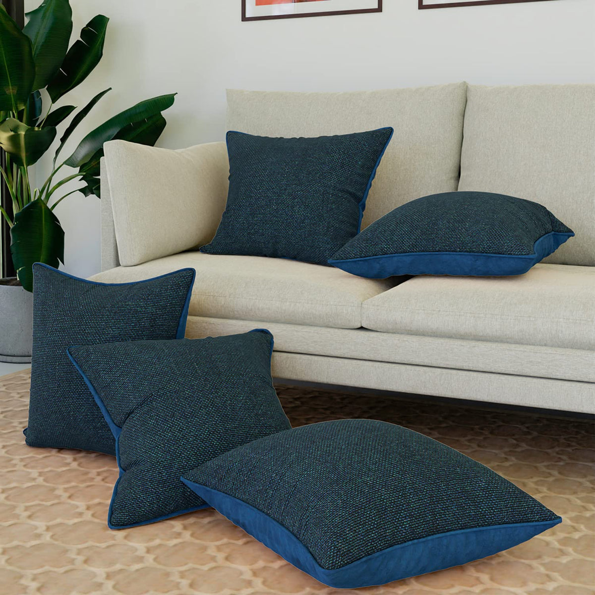 Kuber Industries Cushion Cover | Sofa Cushion Covers | Square Cushion Covers | Jute Cushion Covers | Couch Cushion Covers | Set of 5 | 16 Inch | Blue