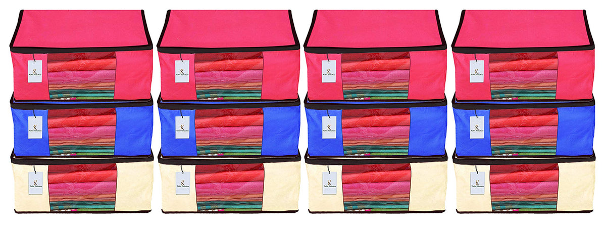 Kuber Industries 12 Piece Non Woven Fabric Saree Cover Set with Transparent Window, Extra Large, Ivory,Royal Blue,Pink-CTKTC23803