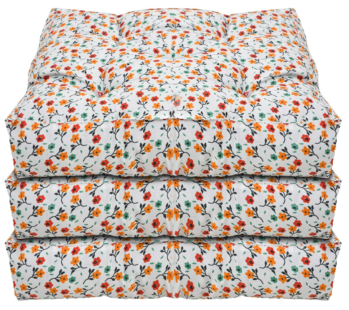 Kuber Industries Flower Printed Microfiber Square Chair Pad|Seat Cushion for Rocking Chair|Indoor/Outdoor|Size 46 x 46 x 8 CM|Pack of 3 (White)