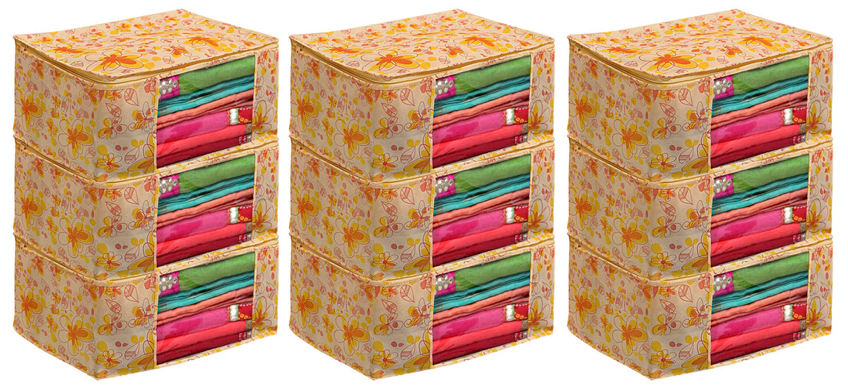 Kuber Industries Flower Printed Non-Woven Saree Cover With Tranasparent Window- Pack of 9 (Yellow)-HS43KUBMART26125