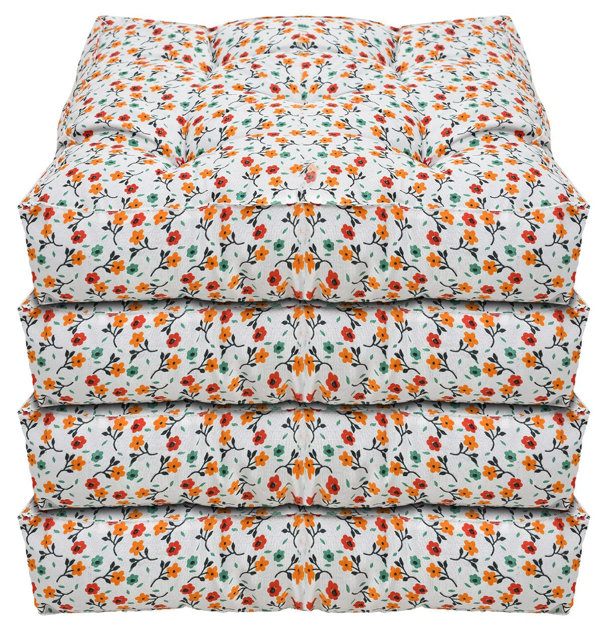 Kuber Industries Flower Printed Microfiber Square Chair Pad Seat Cushion for Rocking Chair, Office Chair, Dinning Chair, Indoor/Outdoor, 18 * 18 Inch- Pack of 4 (White), Standard