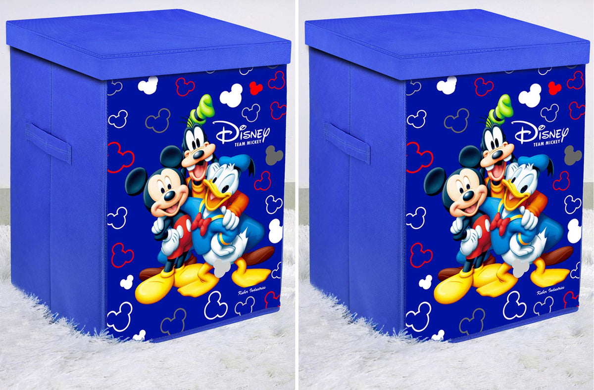 Kuber Industries Disney Team Mickey Print Non Woven Fabric Foldable Laundry Basket, Toy Storage Basket, Cloth Storage Basket with Lid & Handles (Set of 2, Royal Blue)-KUBMART3459