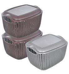 Heart Home Multiuses Large M 30 Plastic Basket/Organizer with Lid- Pack of 3 (Brown & Grey & Brown) -46KHH023