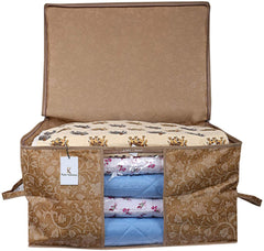 Kuber Industries Metalic Printed 12 Piece Non Woven Underbed Storage Bag, Storage Organiser, Blanket Cover with Transparent Window, Extra Large, Beige - CTKTC034471