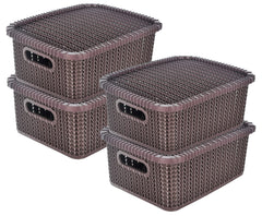 Heart Home Multiuses Large M 20 Plastic Basket/Organizer With Lid- Pack of 4 (Brown) -46HH067