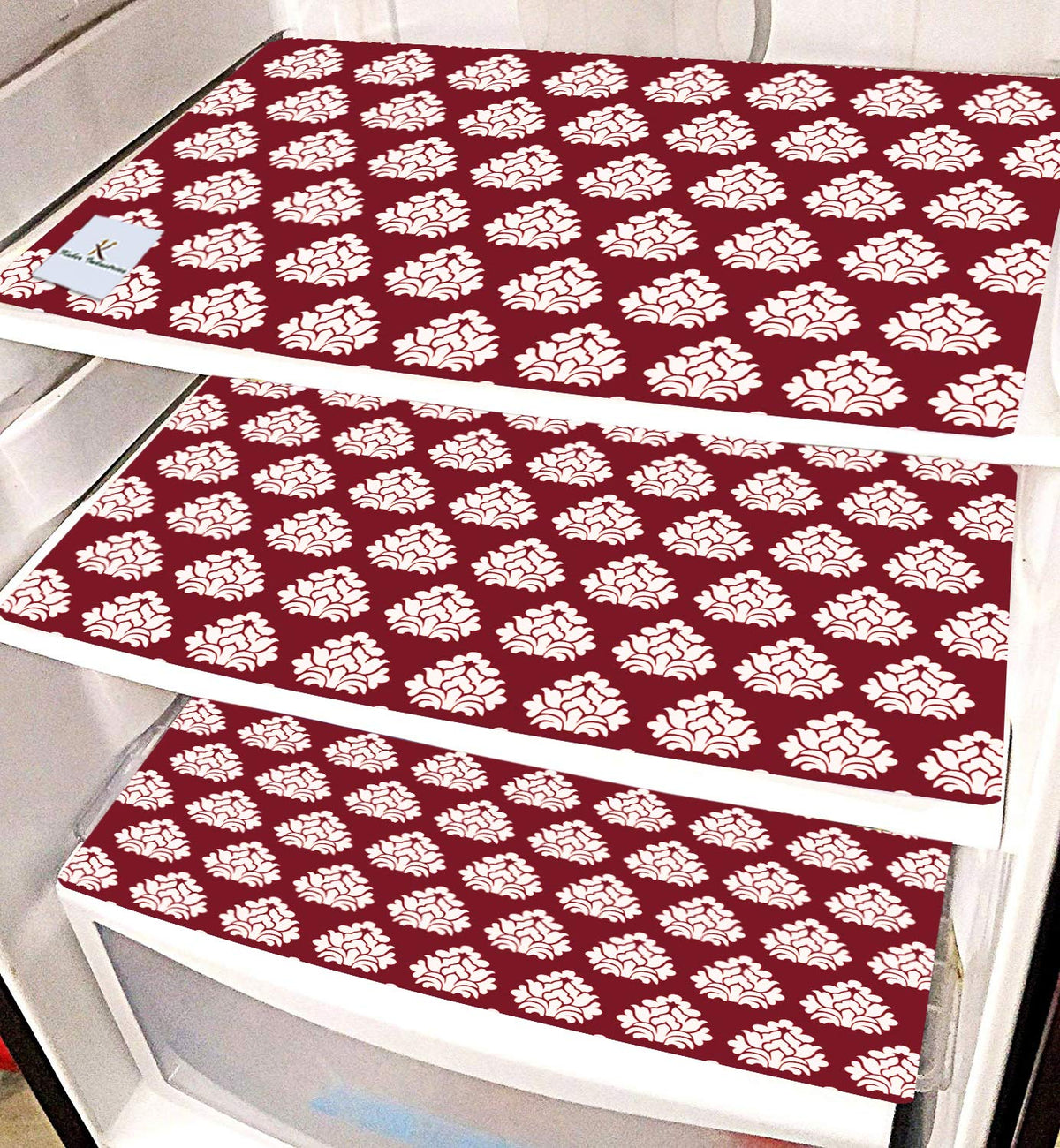 Kuber Industries Flower Design 3 Pieces PVC Refrigerator/Fridge Multipurpose Drawer Mat Set (Maroon) CTKTC33635
