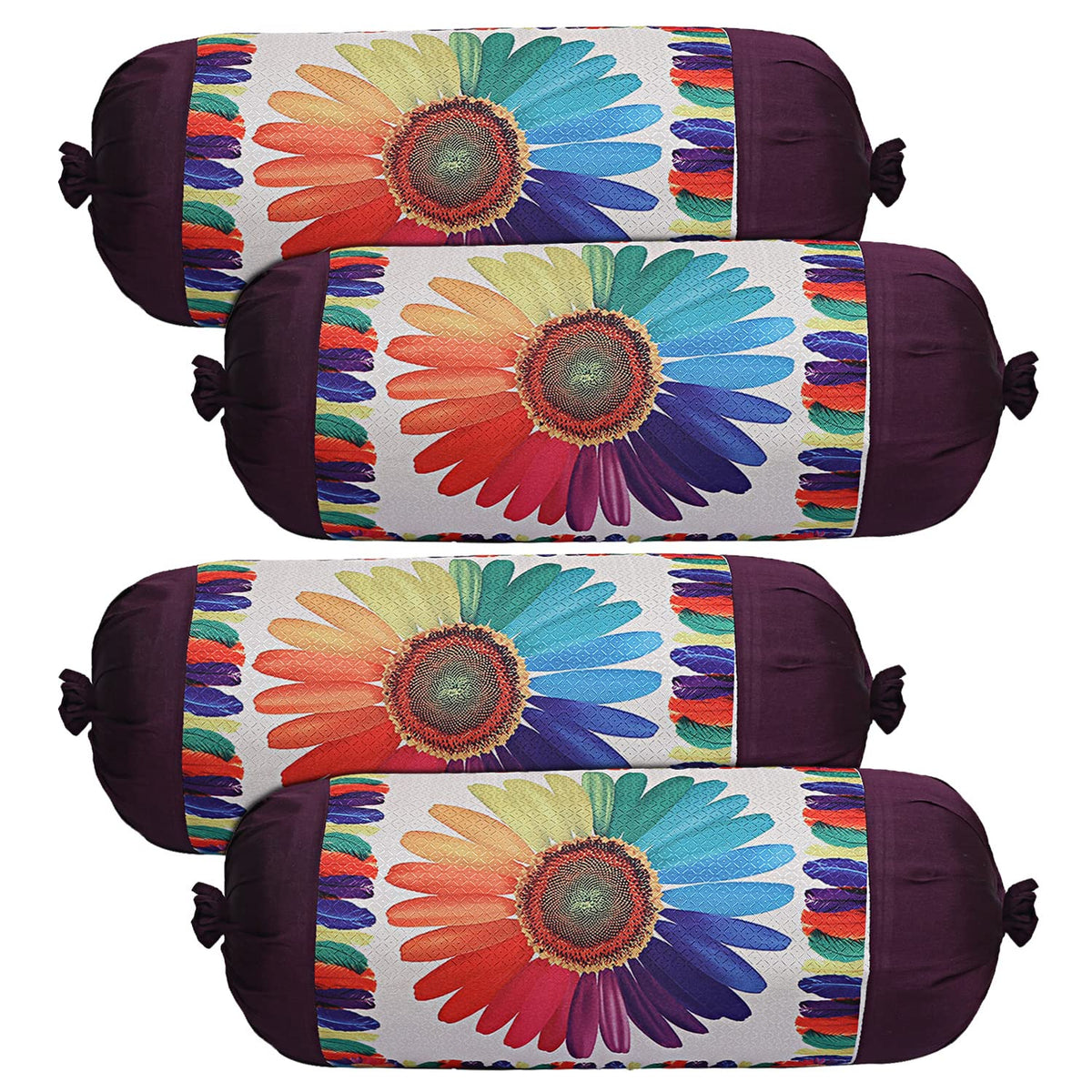 Kuber Industries Bolster Cover|Polyester Bolster Cover Set|Diwan Round Bolster Pillow Covers|Luxurious Sun Flower Print Roll Masand Cover|Pack of 4 (Cream)