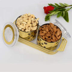 Kuber Industries Pearl Wooden Design Plastic Dry Fruit Container with Tray Set with Lid & Serving Tray, 500 ml Plastic Grocery Container (Set of 3, Gold)-KUBMART11086