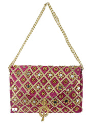 Kuber Industries Silk Traditional Mirror Work Envelope Clutch/Hand Purse Bag for Women/Girls (Pink)-KUBMART11439, Standard