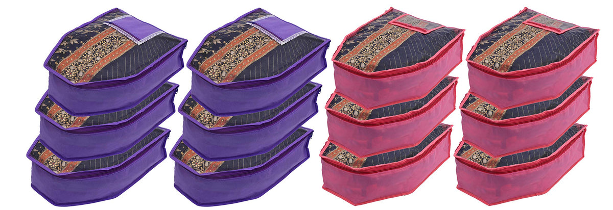 Kuber Industries 12 Piece Non Woven Blouse Cover with Front Transparent Window with Attached Pocket Set (Purple & Pink)