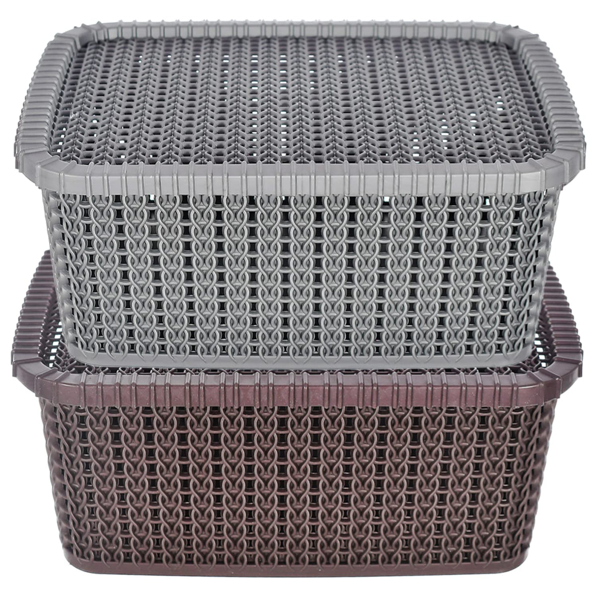 Heart Home Multipurposes Large M 20 Plastic Basket, Organizer For Kitchen, Countertops, Cabinets, Bathroom With Lids- Pack of 2 (Grey & Brown) -46HH078