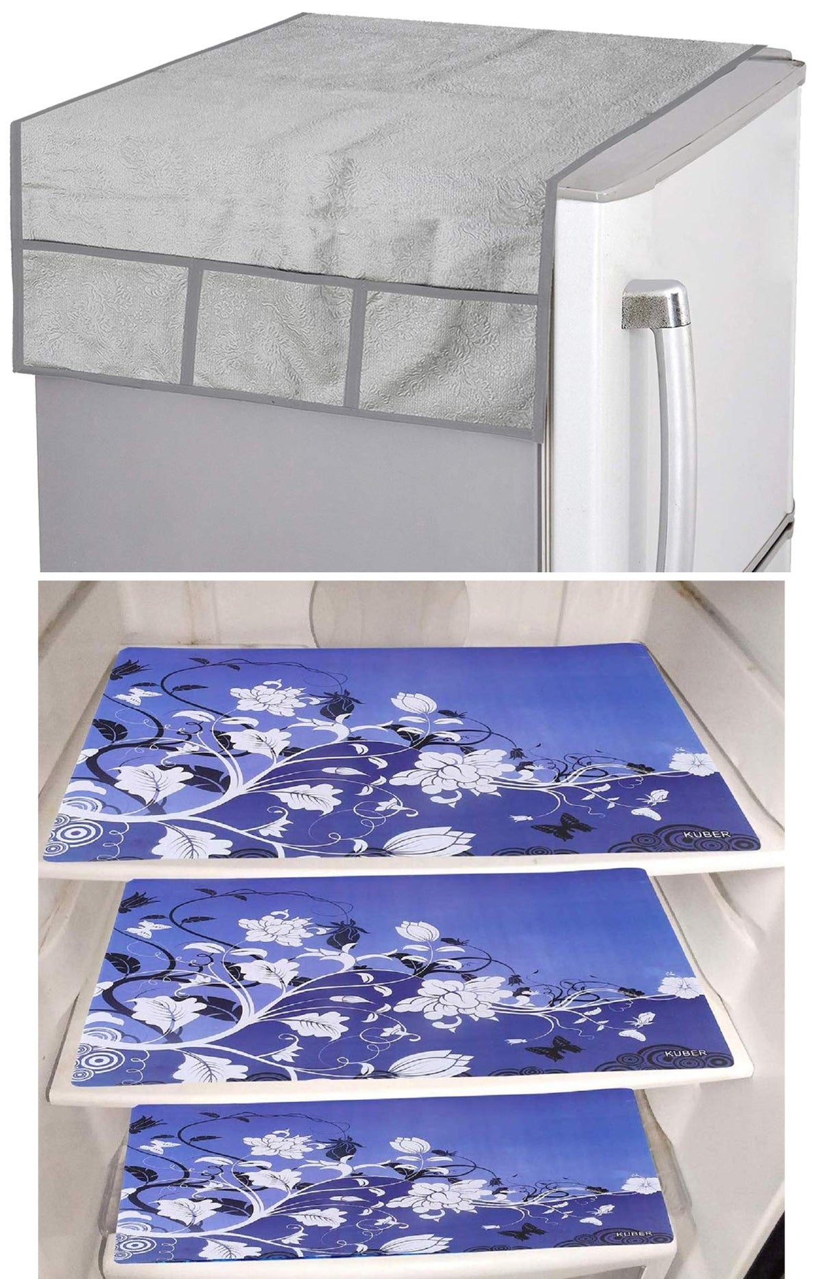 Kuber Industries Flower Design 3 Pieces PVC Fridge Mats and 1 Piece Fridge Top Cover (Silver) - CTKTC039645