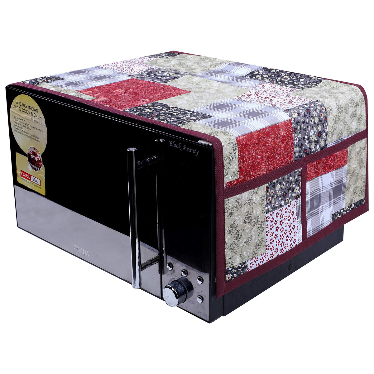 Kuber Industries 3D Checkered Design PVC Microwave Oven Top Cover 23 Liter with Utility 4 Pockets (Maroon) - CTKTC040674