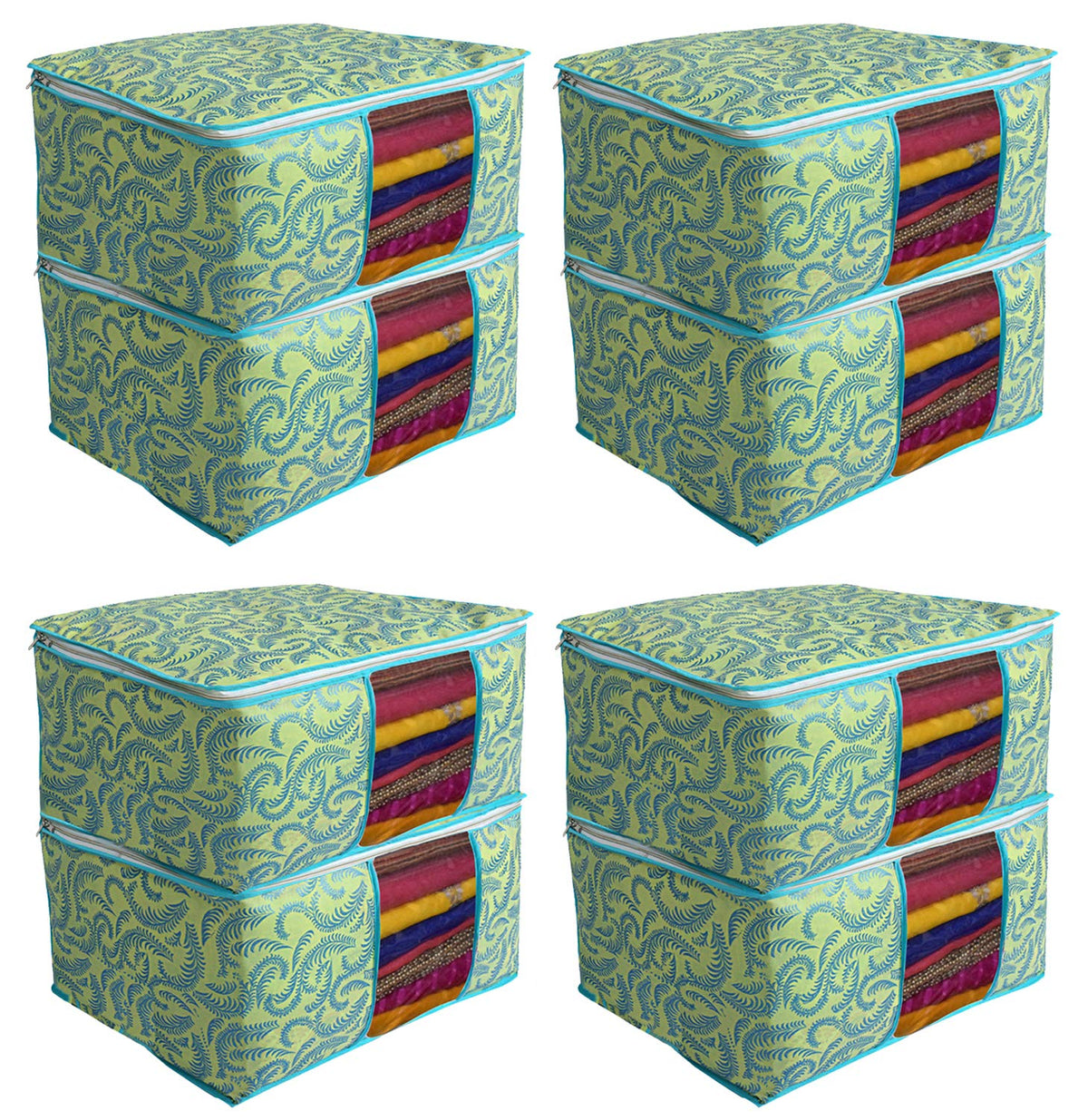 Kuber Industries Metallic Print 8 Piece Non Woven Saree Cover Set, Green