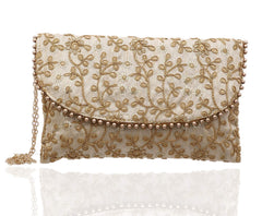 Kuber Industries Polyester Handcrafted Embroidered Women Clutch Women Handbag, Gold (CTKTC4330)