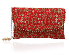 Kuber Industries Handcrafted 2 Pieces Embroidered Party Wear Clutch Bag Purse Handbag For Bridal, Casual, Party, Wedding (Red & Peach) - CTKTC034532