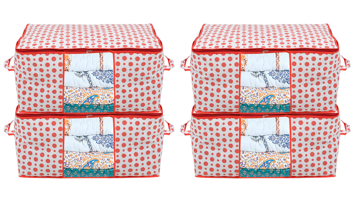 Kuber Industries Dot Printed Foldable, Lightweight Non Woven Underbed Storage Bag For Toys/ Blankets/Stationery Paper/Clothes With Transparent Window With Handle Pack of 4 (Pink)-46KM0596