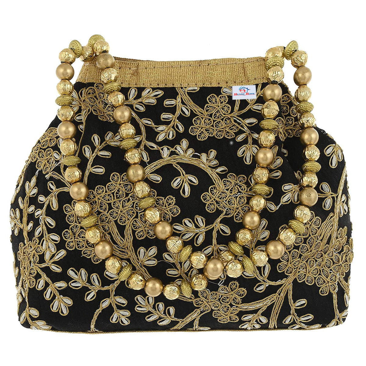 Heart Home Attractive Embroidery Polyester Hand Purse & Artificial Pearls Handle With 3 Magnetic Lock for Woman,Girls (Black)