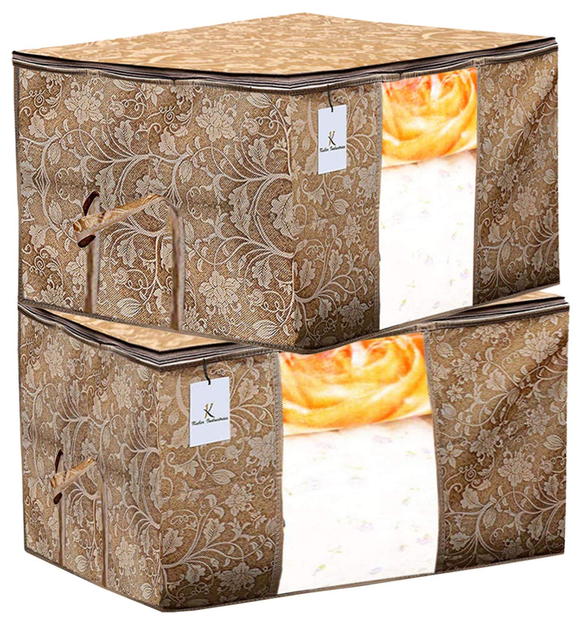 Kuber Industries Metalic Printed 2 Pieces Non Woven Fabric Underbed Storage Bag, Cloth Organiser, Blanket Cover with Transparent Window (Beige)-KUBMART2907