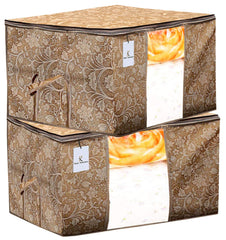 Kuber Industries Metalic Printed 2 Pieces Non Woven Fabric Underbed Storage Bag, Cloth Organiser, Blanket Cover with Transparent Window (Beige)-KUBMART2907