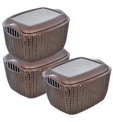 Heart Home Multiuses Large M 30 Plastic Basket/Organizer With Lid- Pack of 3 (Brown) -46HH09
