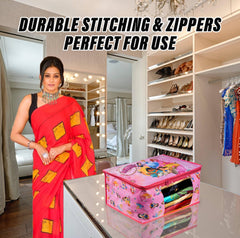 Kuber Industries Disney Princess Saree Cover | Saree Cover For Woman | Wardrobe Organizer for Travel | Saree Cover with Transparent window | Large | Pink