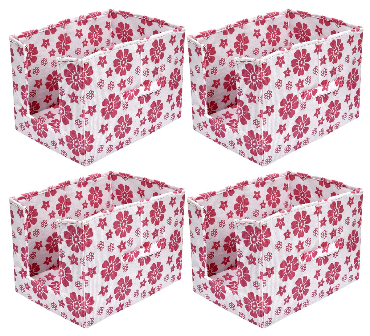 Kuber Industries Flower Printed Multiuses Non-Woven Closet Organizer With Handles- Pack of 4 (White & Pink) -HS43KUBMART26513