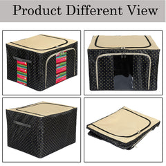 Kuber Industries Dot Printed Steel Frame Living Box, Closet Organizer, Cloth Storage Boxes for Wardrobe With Clear Window, 44Ltr. (Black & Grey)-44KM0238