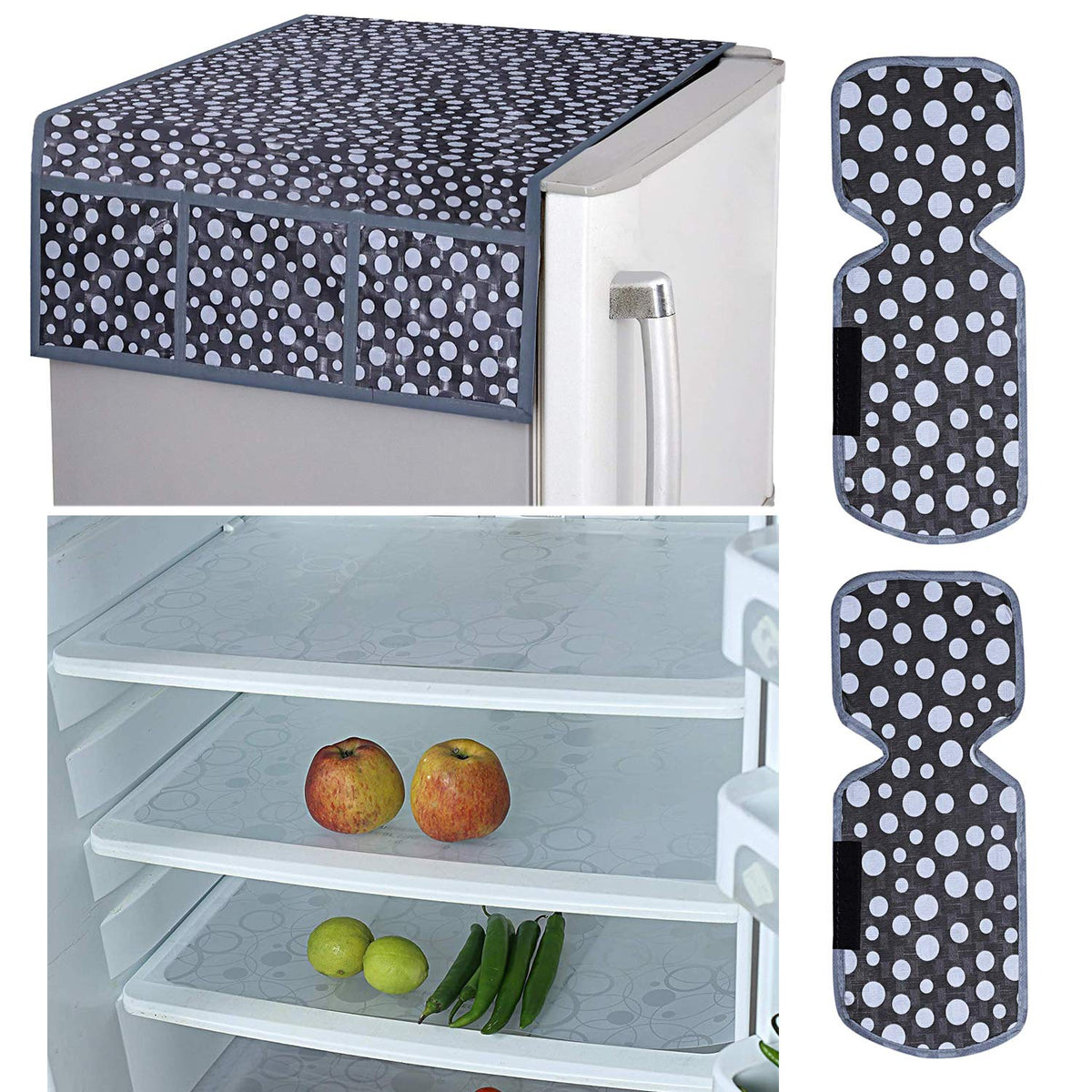 Kuber Industries Dots Design Combo PVC 3 Pieces Fridge Mats, 2 Piece Handle Cover and 1 Piece Fridge Top Cover(Grey)