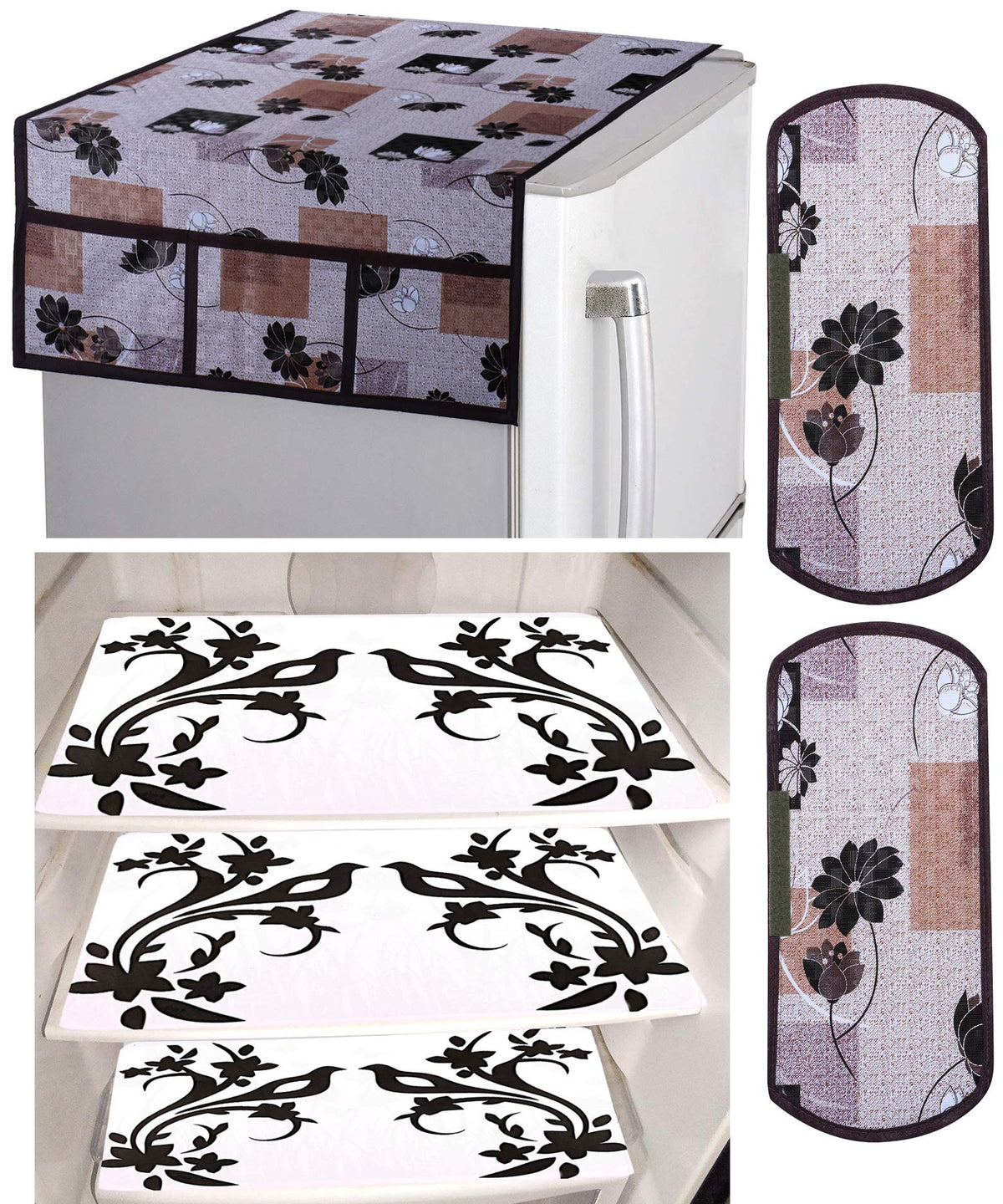 Kuber Industries Birds Design 3 Pieces PVC Fridge Mats,Flower Design 2 Piece Handle Cover and 1 Piece Fridge Top Cover (Brown) - CTKTC039861