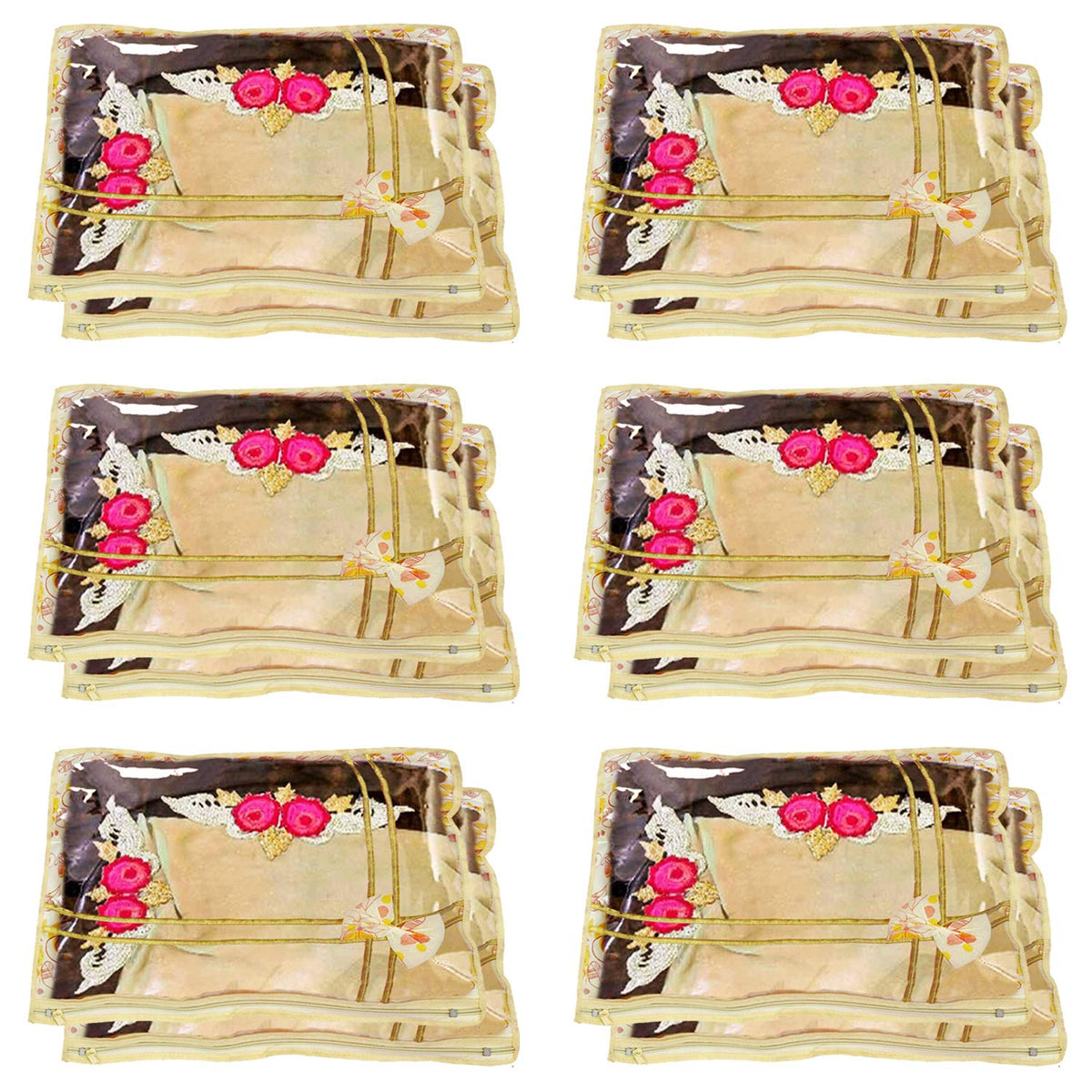 Heart Home Non Woven Red Flower Design Single Packing Saree Cover 12 Pcs Set (Red & Ivory) - CTHH14474