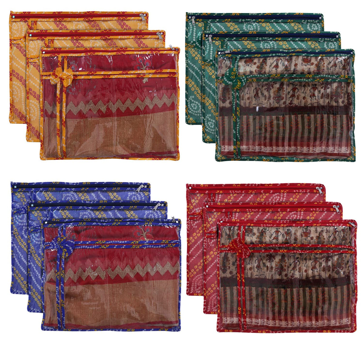 Kuber Industries Bandhani Print PVC Foldable Single Saree Cover|Clothes Storage For Saree, Lehenga, Suit With Transparent Pack of 12 (Multicolour)